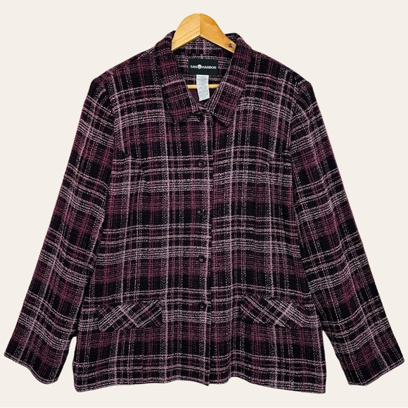Sag Harbor Jackets & Blazers - Sag Harbor Tweed Textured Plaid Lined Structured Boxy Lightweight Blazer Jacket 